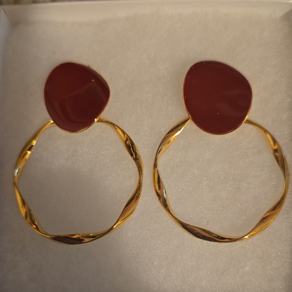 Gold Hoop Earrings with Burgundy Accent Top - Women Jewelry